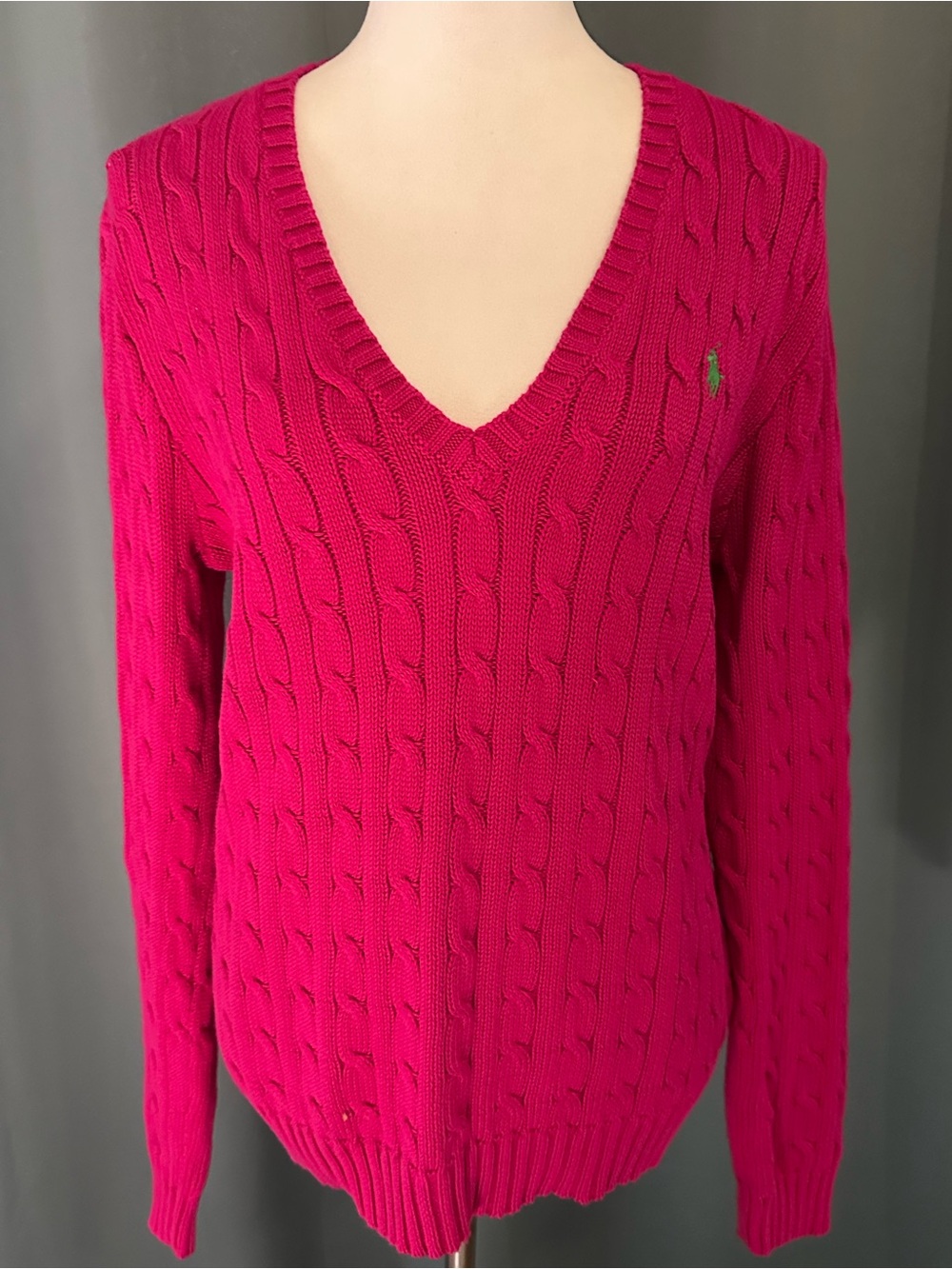 Ralph Lauren Sport Womens XL Pink Cable Knit V Neck Cotton Sweater Pony Logo
